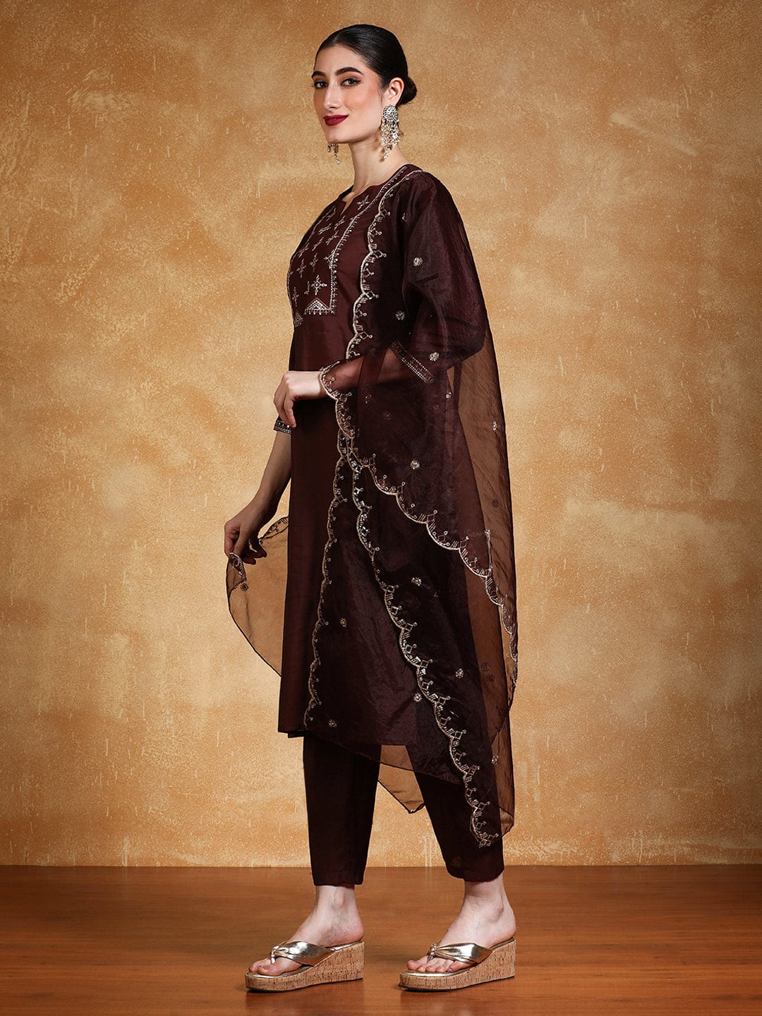 Varanga Women Thread & Sequin Embroidered Yoke Kurta With Trouser & Dupatta