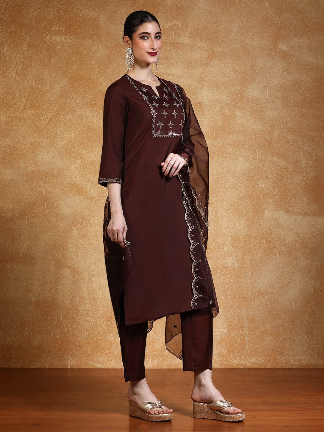 Varanga Women Thread & Sequin Embroidered Yoke Kurta With Trouser & Dupatta