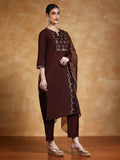 Varanga Women Thread & Sequin Embroidered Yoke Kurta With Trouser & Dupatta