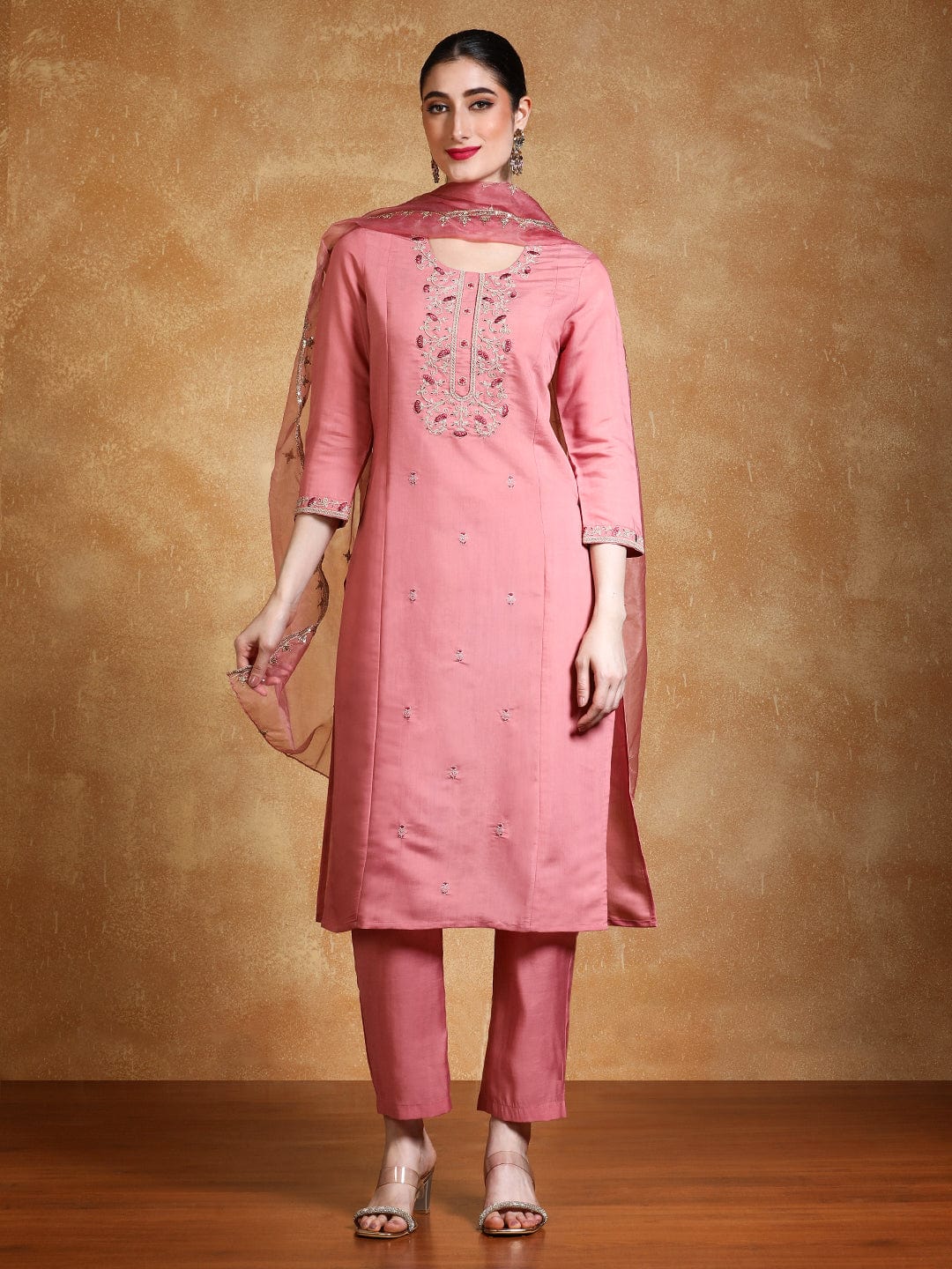 Varanga Women Zari Embroidered Yoke Kurta With Trouser & Dupatta