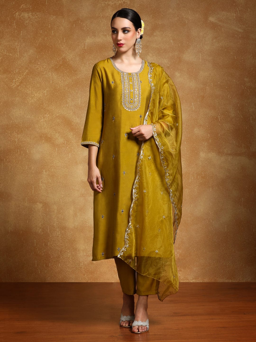 Varanga Women-Zari Embroidered Yoke Kurta With Trouser & Dupatta