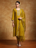 Varanga Women-Zari Embroidered Yoke Kurta With Trouser & Dupatta