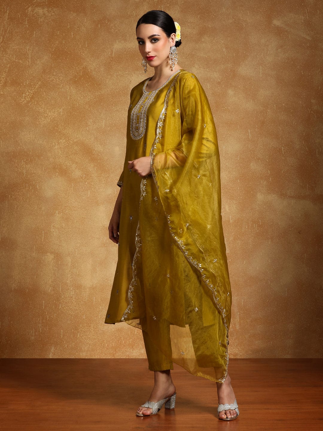 Varanga Women-Zari Embroidered Yoke Kurta With Trouser & Dupatta
