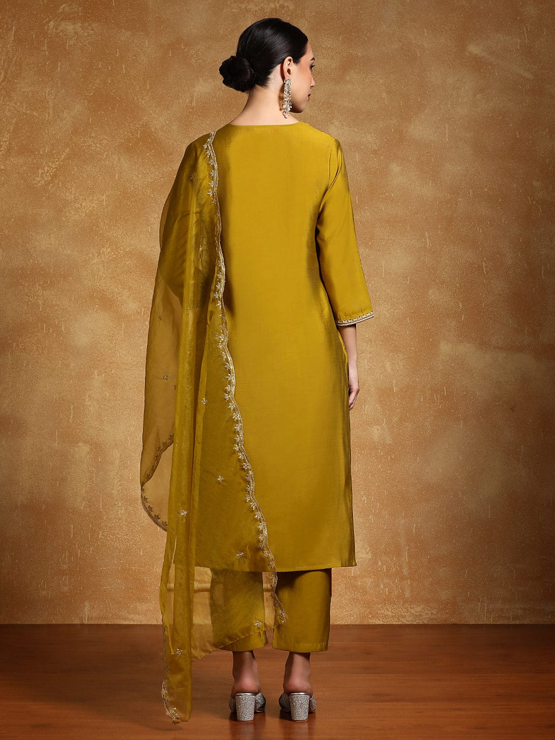 Varanga Women-Zari Embroidered Yoke Kurta With Trouser & Dupatta
