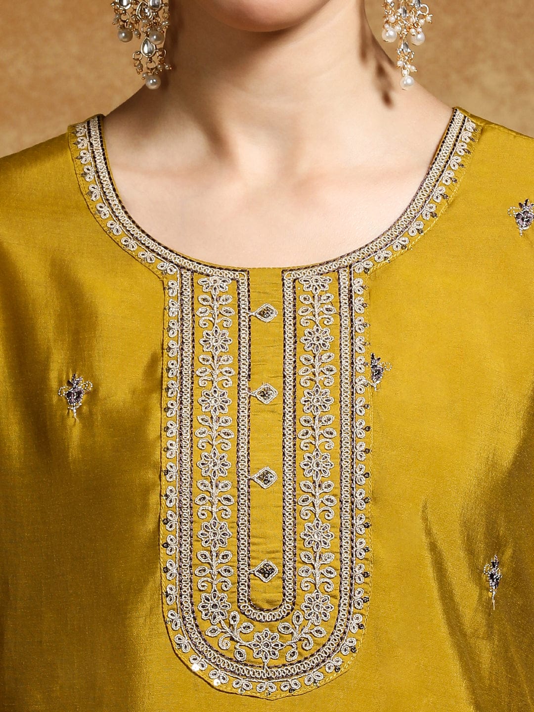 Varanga Women-Zari Embroidered Yoke Kurta With Trouser & Dupatta