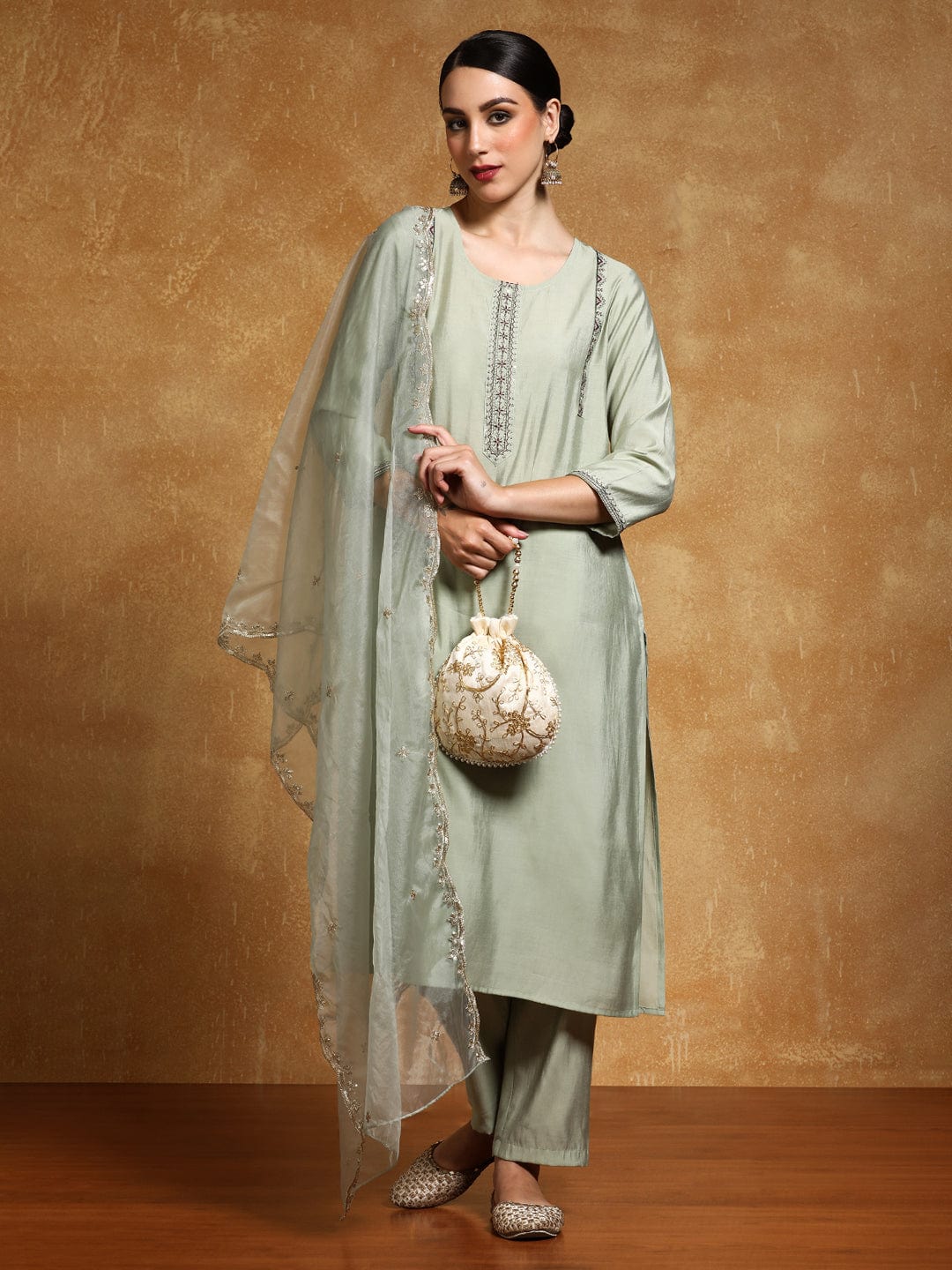 Varanga Women-Thread & Sequin Embroidered Yoke Kurta With Trouser & Scallop Dupatta