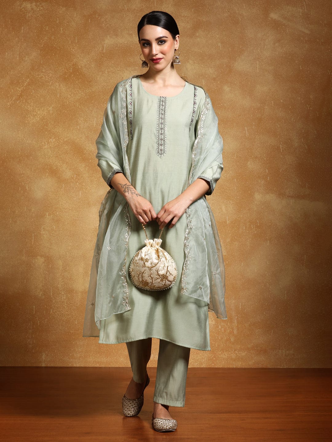 Varanga Women-Thread & Sequin Embroidered Yoke Kurta With Trouser & Scallop Dupatta