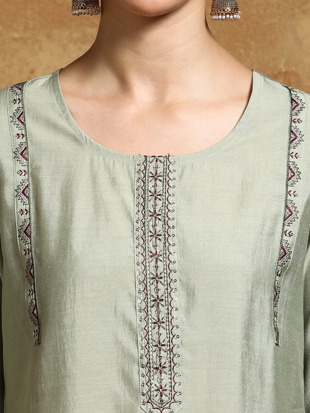 Varanga Women-Thread & Sequin Embroidered Yoke Kurta With Trouser & Scallop Dupatta