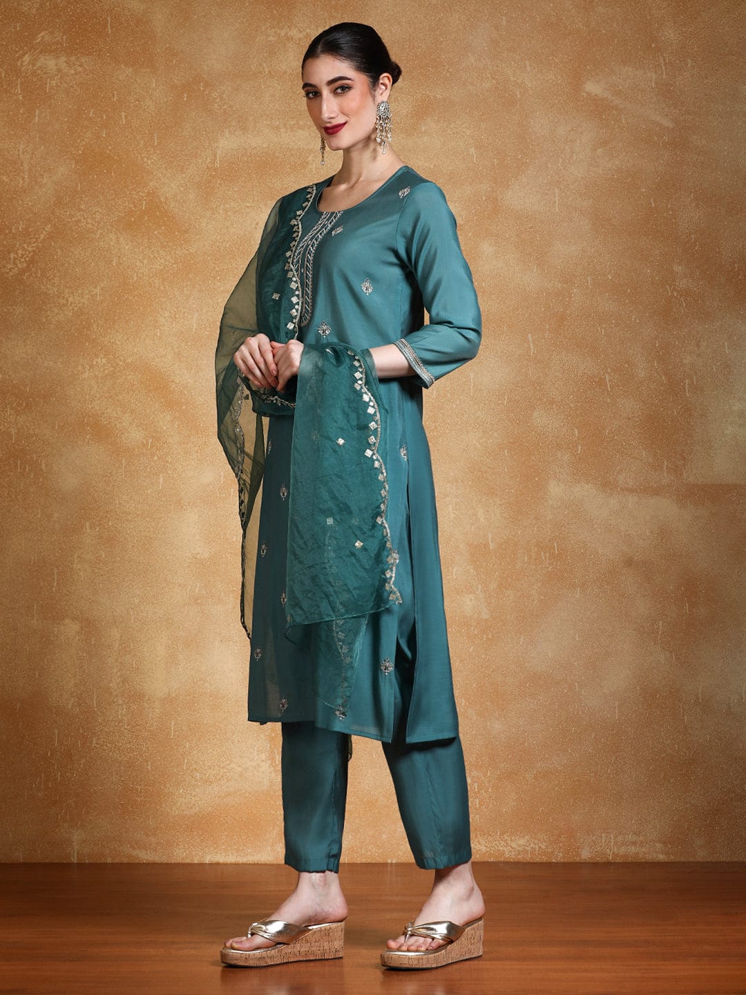 Varanga Women Thread & Sequin Embroidered Yoke Kurta With Trouser & Dupatta