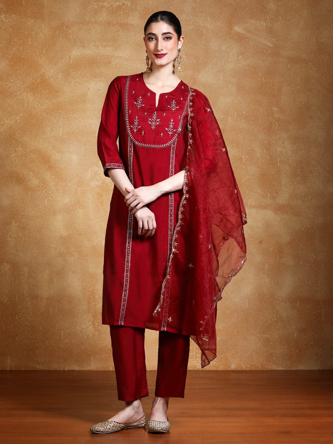 Varanga Women Thread & Sequin Embroidered Yoke Kurta With Trouser & Dupatta