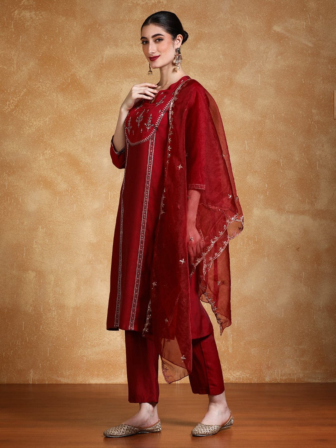 Varanga Women Thread & Sequin Embroidered Yoke Kurta With Trouser & Dupatta