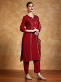 Varanga Women Thread & Sequin Embroidered Yoke Kurta With Trouser & Dupatta