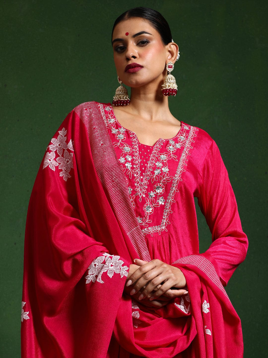 Varanga Women Thread & Sequin Embroidere Yoke Gathered Kurta With Trouser & Dupatta