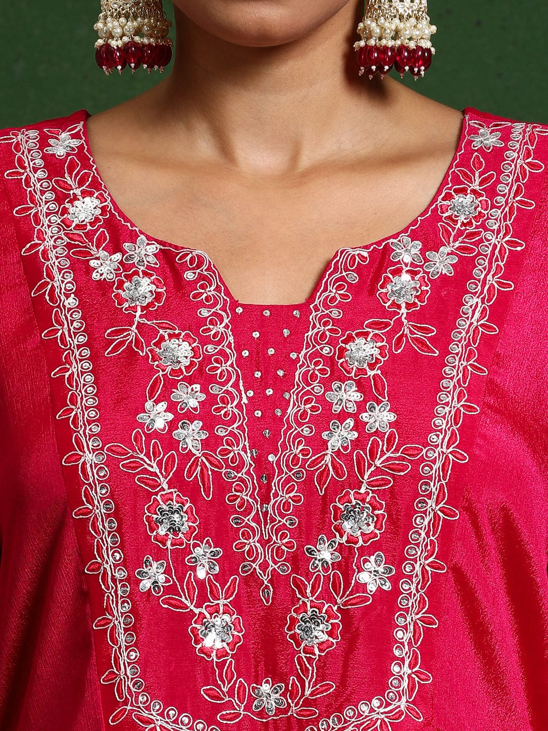Varanga Women Thread & Sequin Embroidere Yoke Gathered Kurta With Trouser & Dupatta