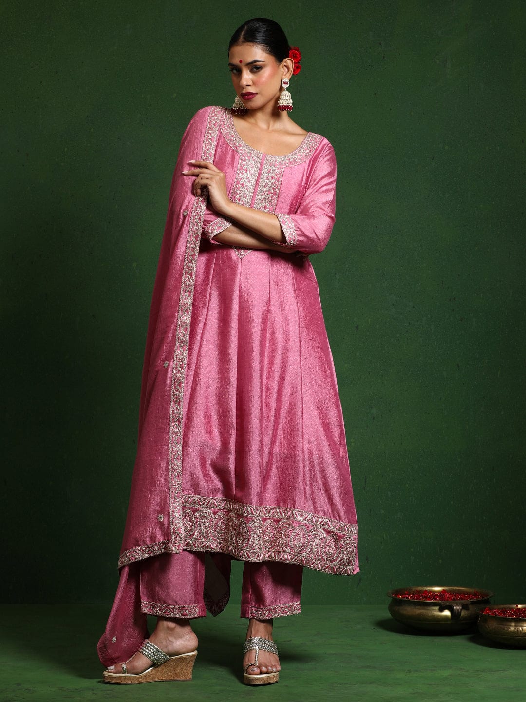 Varanga Women Zari Embroidered Anarkali Kurta With Trouser & Dupatta