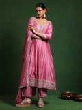 Varanga Women Zari Embroidered Anarkali Kurta With Trouser & Dupatta