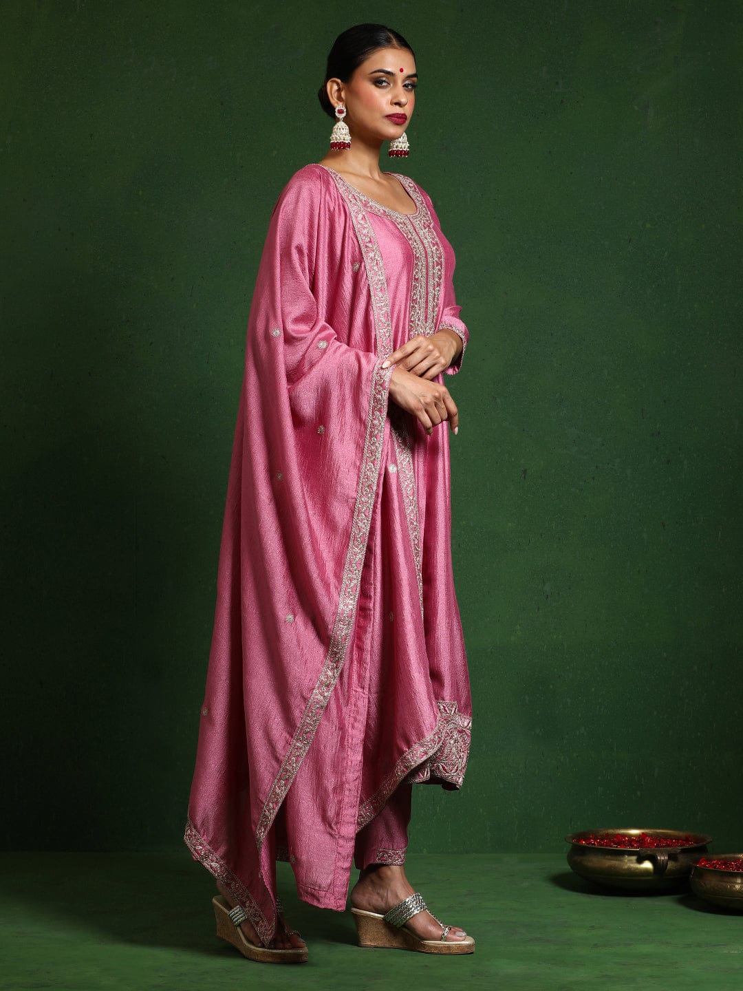 Varanga Women Zari Embroidered Anarkali Kurta With Trouser & Dupatta