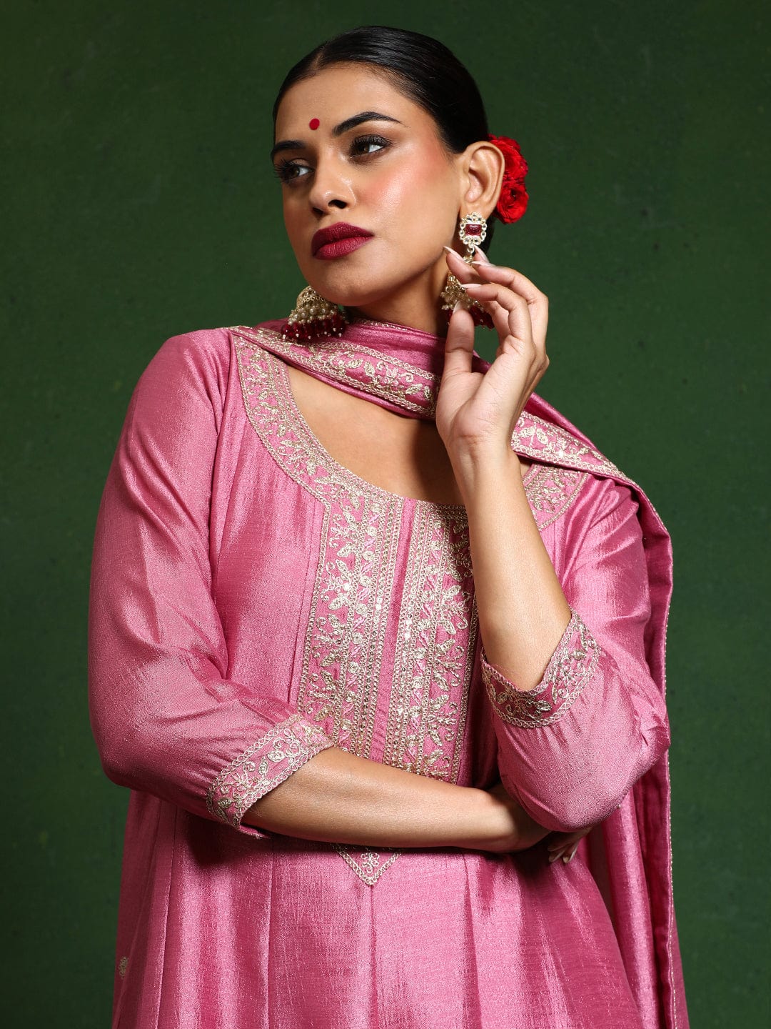 Varanga Women Zari Embroidered Anarkali Kurta With Trouser & Dupatta