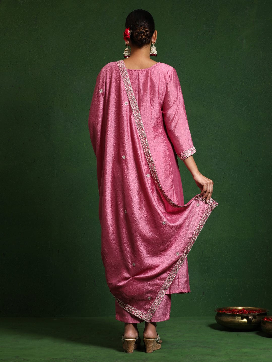 Varanga Women Zari Embroidered Anarkali Kurta With Trouser & Dupatta
