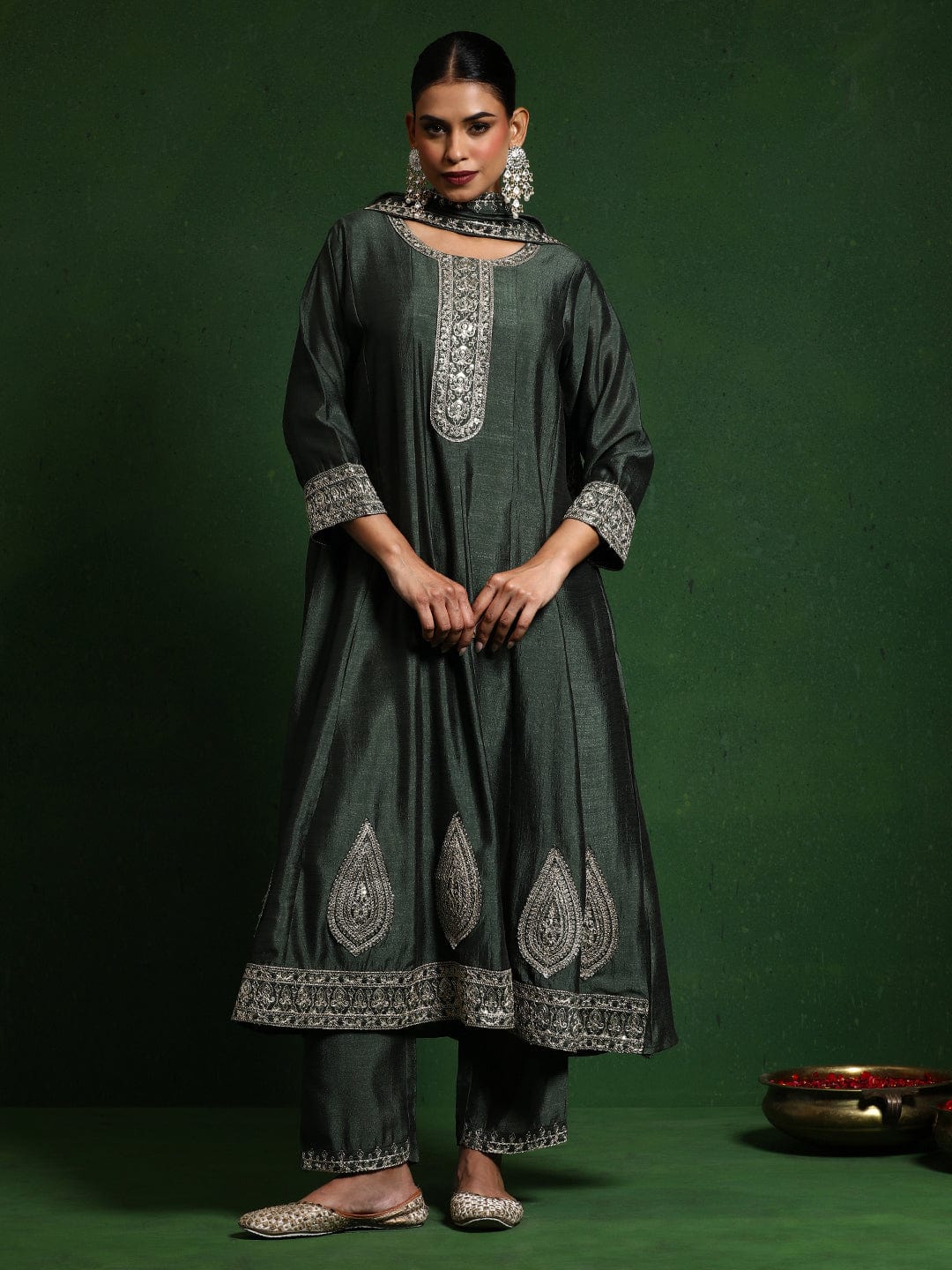 Varanga Women Zari Embroidered Anarkali Kurta With Trouser & Dupatta