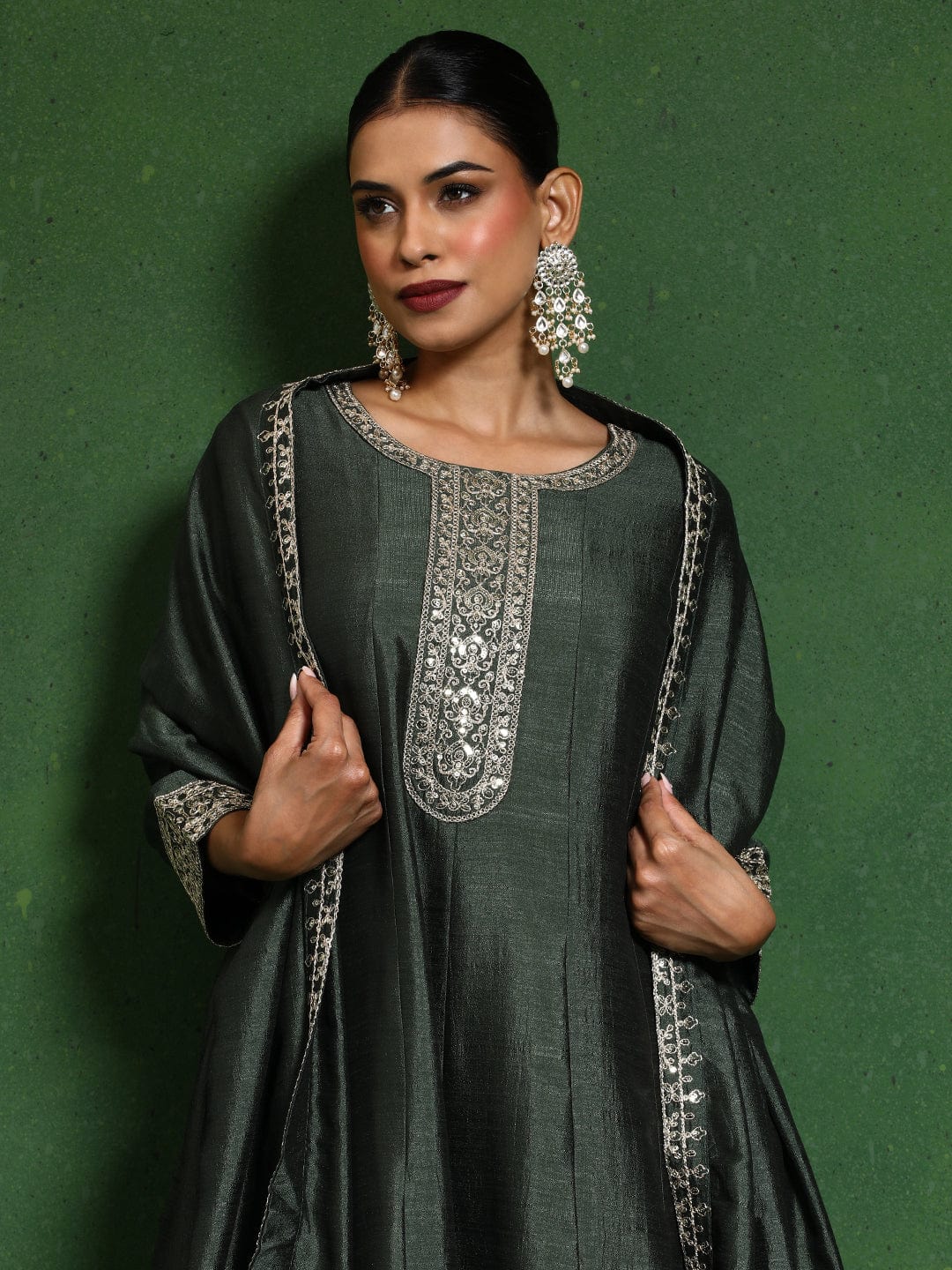 Varanga Women Zari Embroidered Anarkali Kurta With Trouser & Dupatta