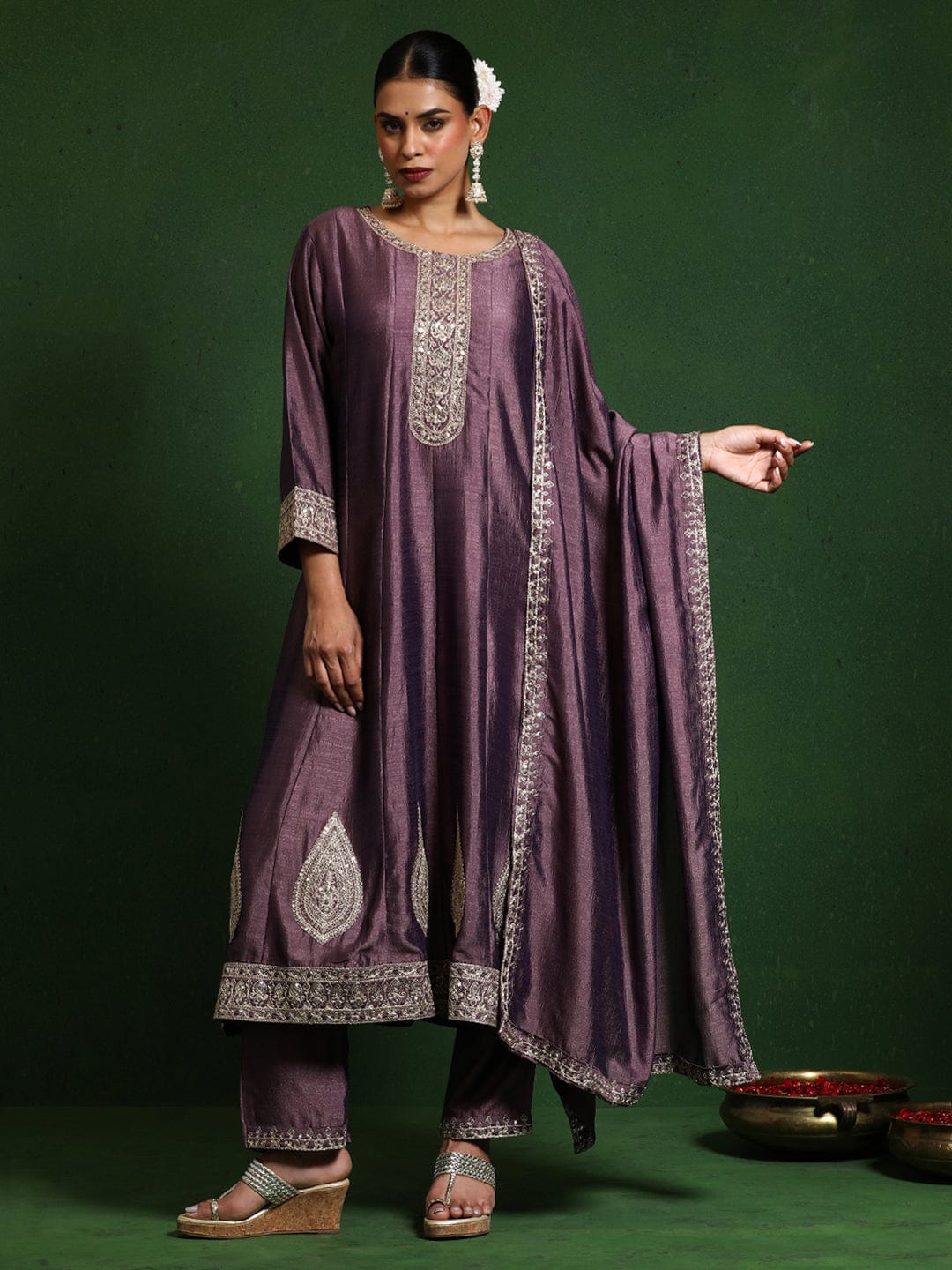 Varanga Women Zari Embroidered Anarkali Kurta With Trouser & Dupatta