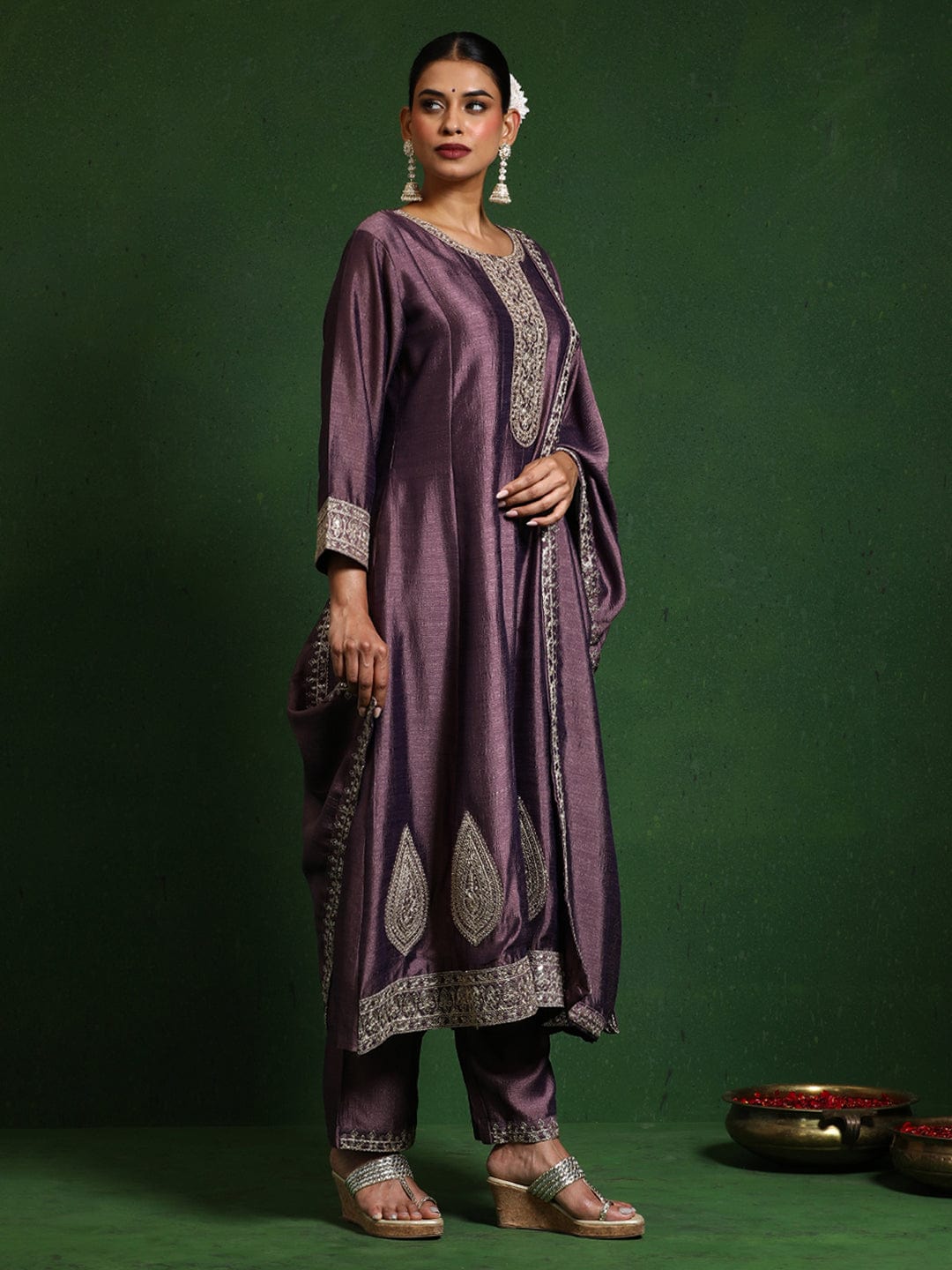 Varanga Women Zari Embroidered Anarkali Kurta With Trouser & Dupatta