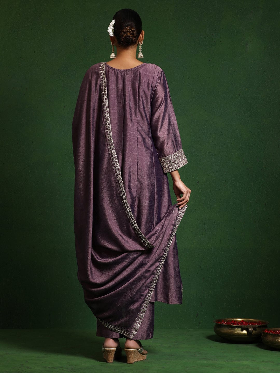 Varanga Women Zari Embroidered Anarkali Kurta With Trouser & Dupatta