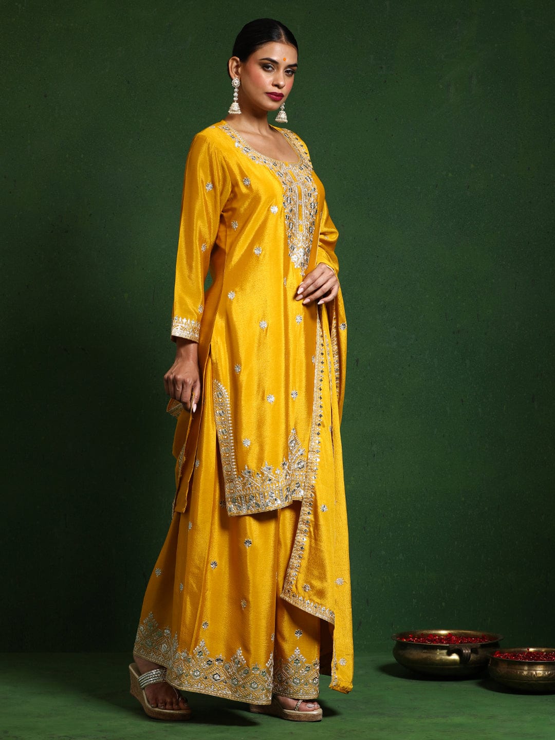 Varanga Women Zari Embroidered Yoke With Border Kurta With Sharara And Dupatta