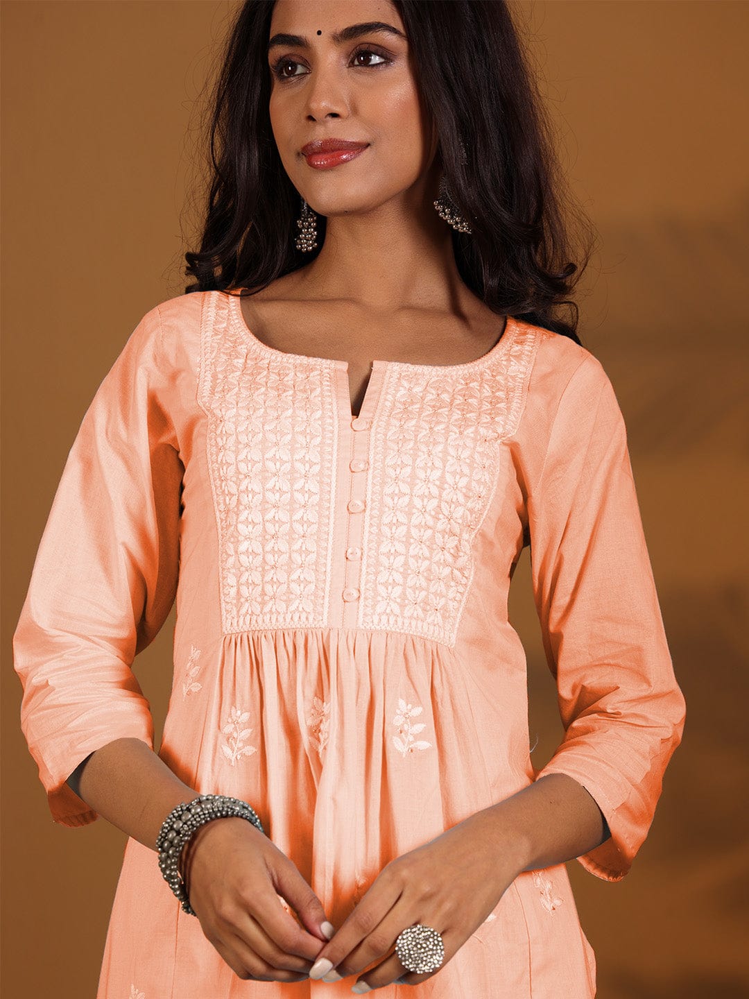 Varanga Women Round Neck Chikankari Embroidered Three Quarter Sleeve Kurta With Trouser & Dupatta