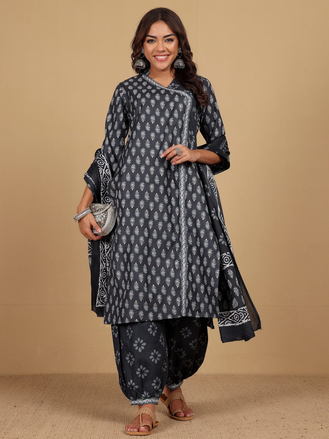 Varanga Women Ethnic Jaipuri Printed Angrakha with Salwar & Dupatta