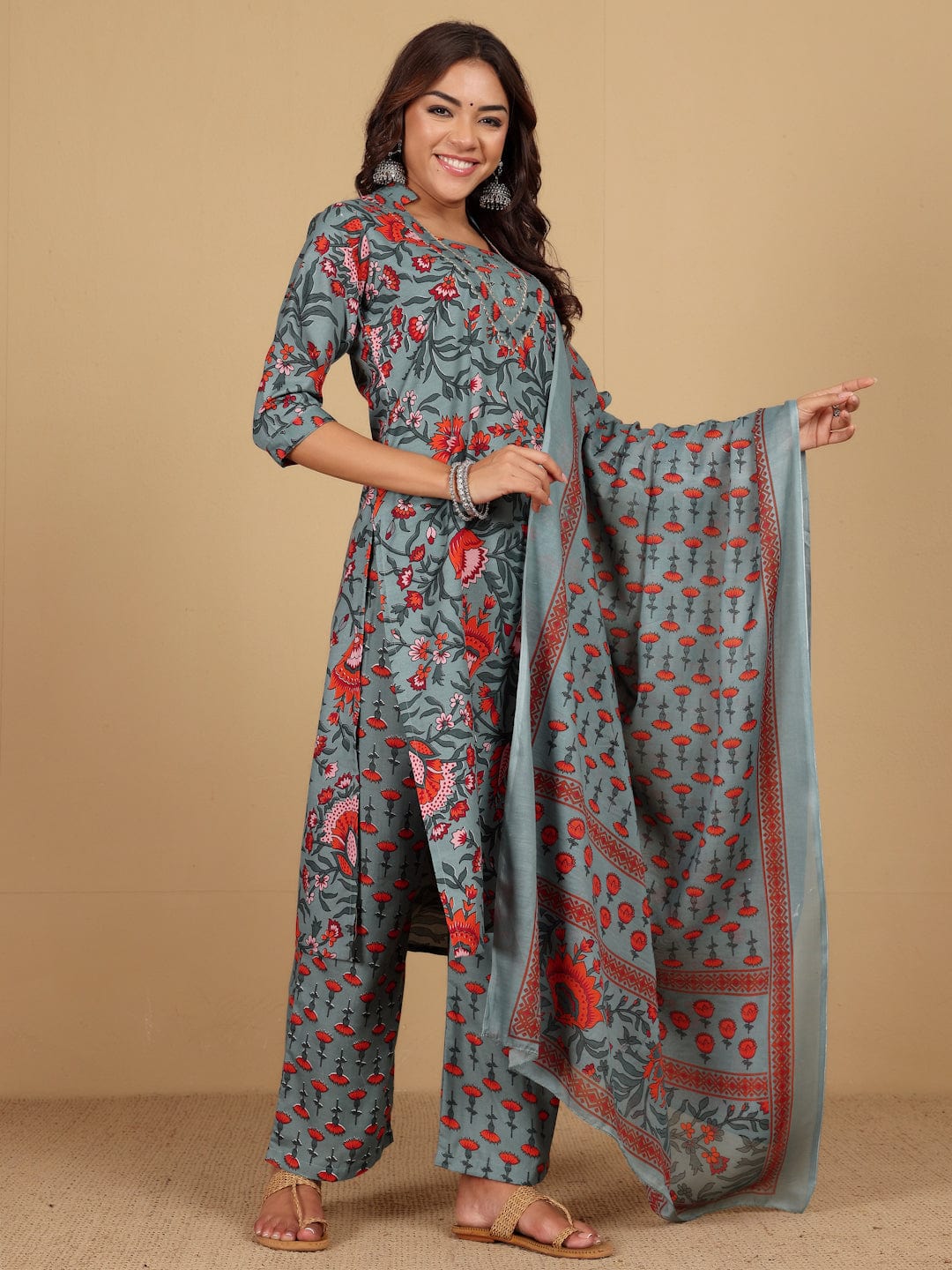 Varanga Women Ethnic Floral Printed V Neck Kurta withTrouser & Dupatta