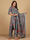 Varanga Women Ethnic Floral Printed V Neck Kurta withTrouser & Dupatta