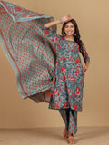 Varanga Women Ethnic Floral Printed V Neck Kurta withTrouser & Dupatta