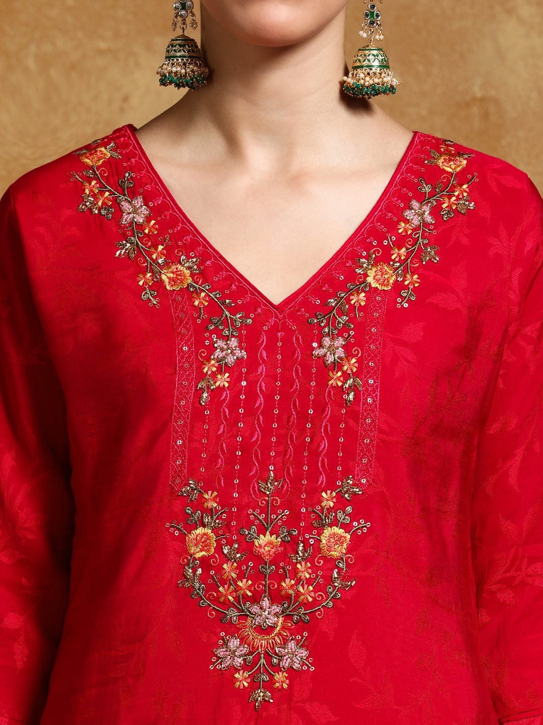 Varanga Women Floral Motif Thread Embroidered Yoke Kurta with Trouser & Dupatta