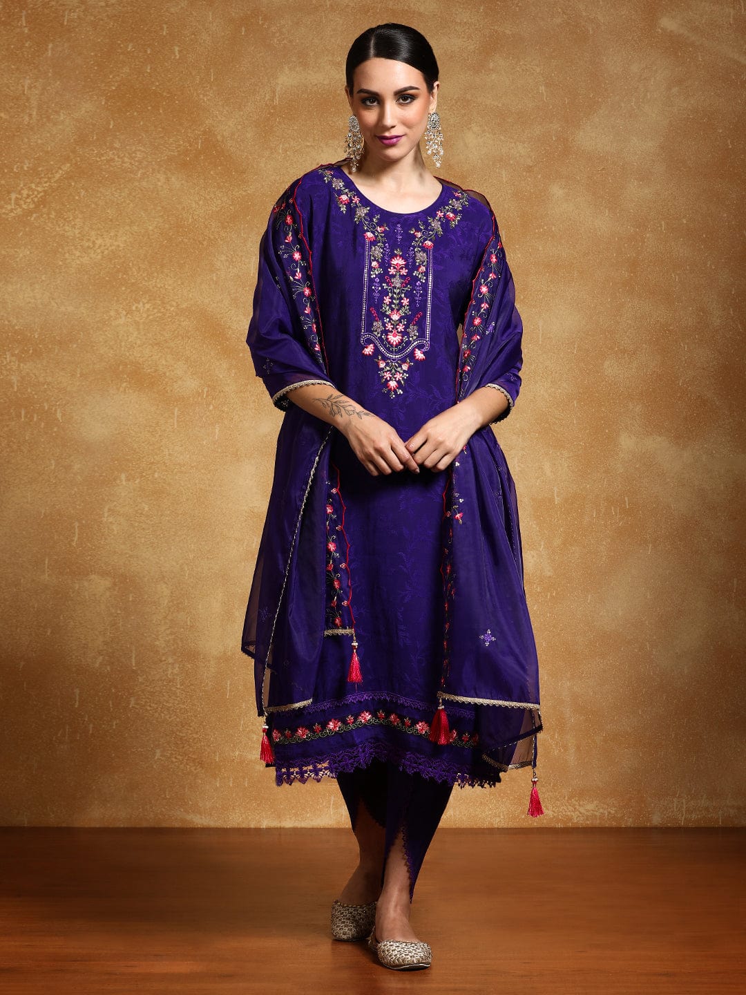Varanga Women Floral Motif Thread Embroidered Yoke Kurta with Trouser & Dupatta