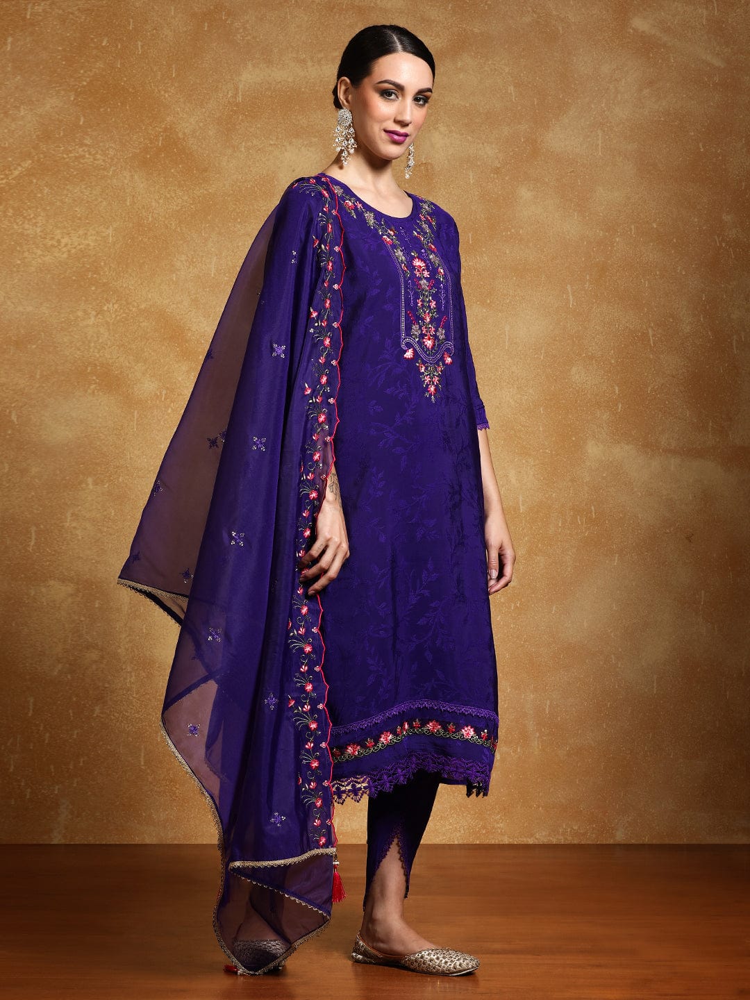 Varanga Women Floral Motif Thread Embroidered Yoke Kurta with Trouser & Dupatta