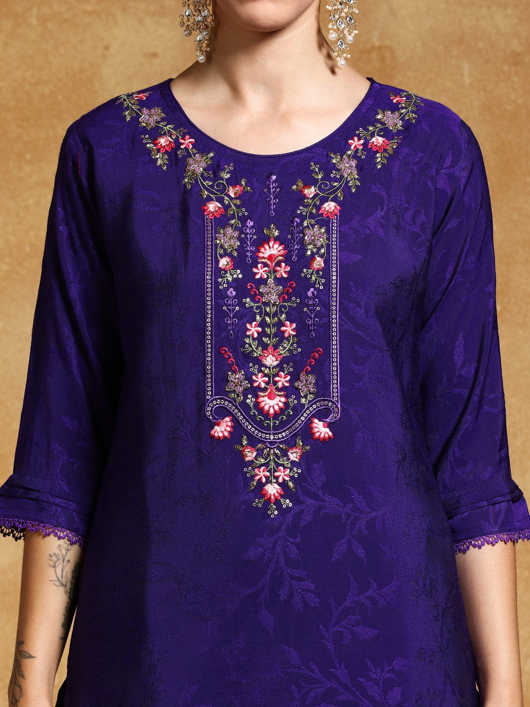 Varanga Women Floral Motif Thread Embroidered Yoke Kurta with Trouser & Dupatta