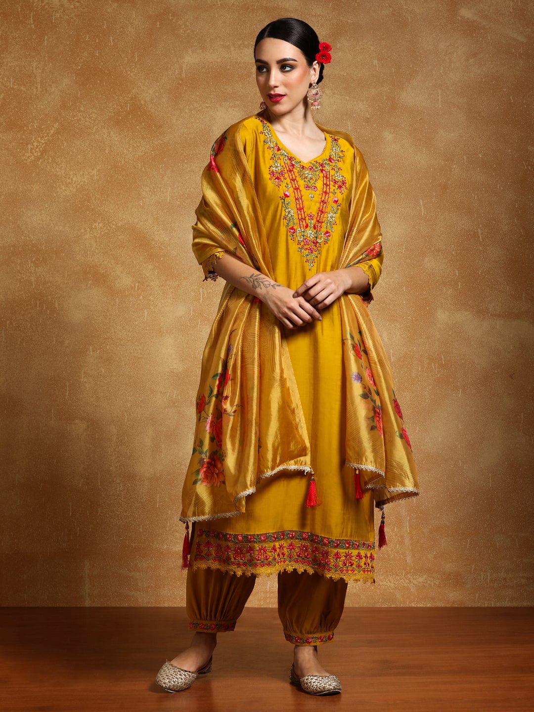 Varanga Women Floral Motif Thread Embroidered Yoke Kurta with Trouser & Dupatta