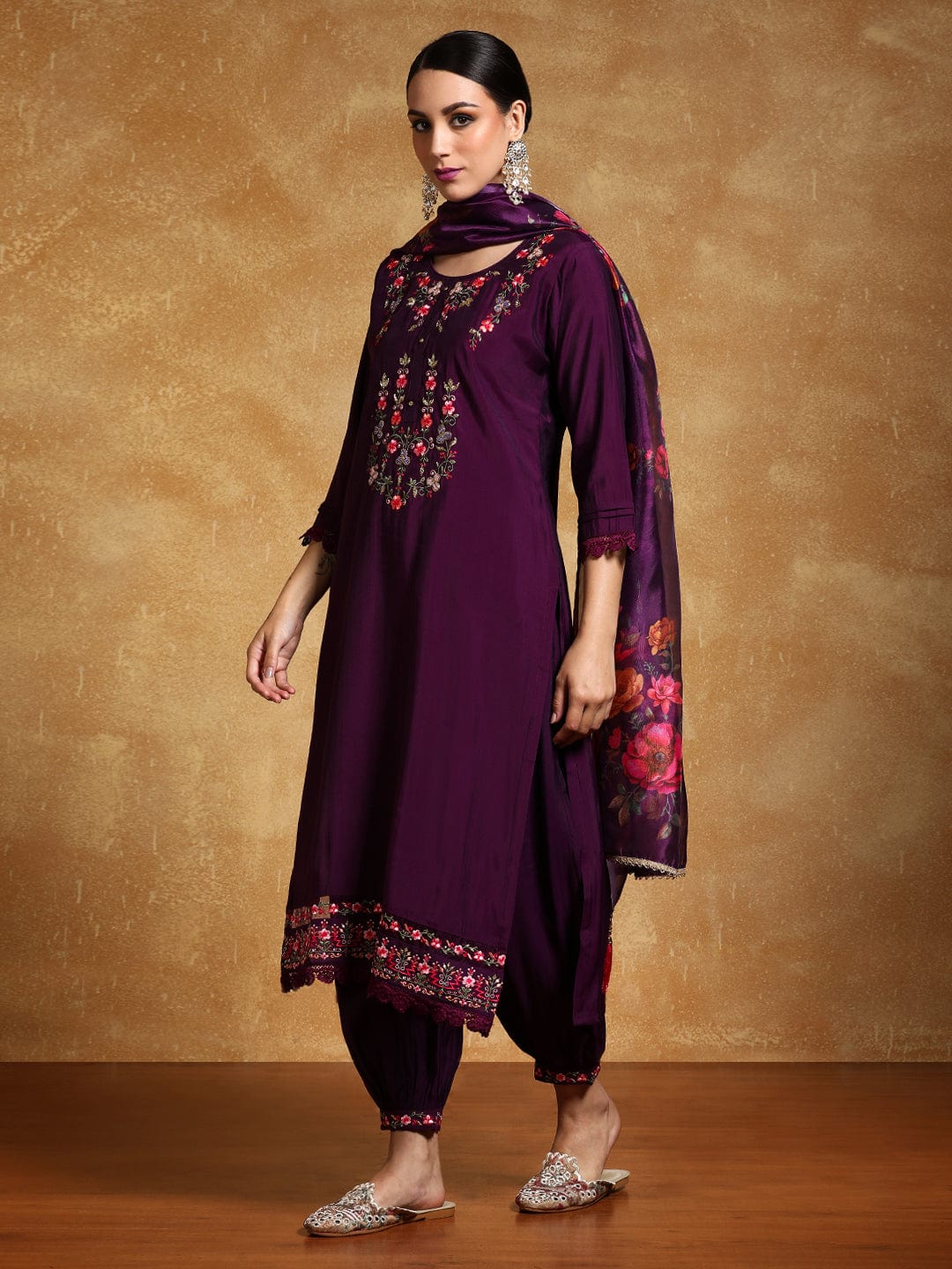Varanga Women Floral Motif Thread Embroidered Yoke Kurta with Trouser & Dupatta