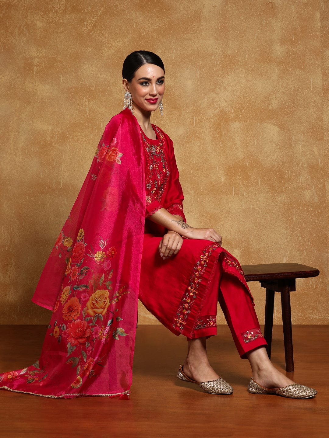 Varanga Women Floral Motif Thread Embroidered Yoke Kurta with Trouser & Dupatta