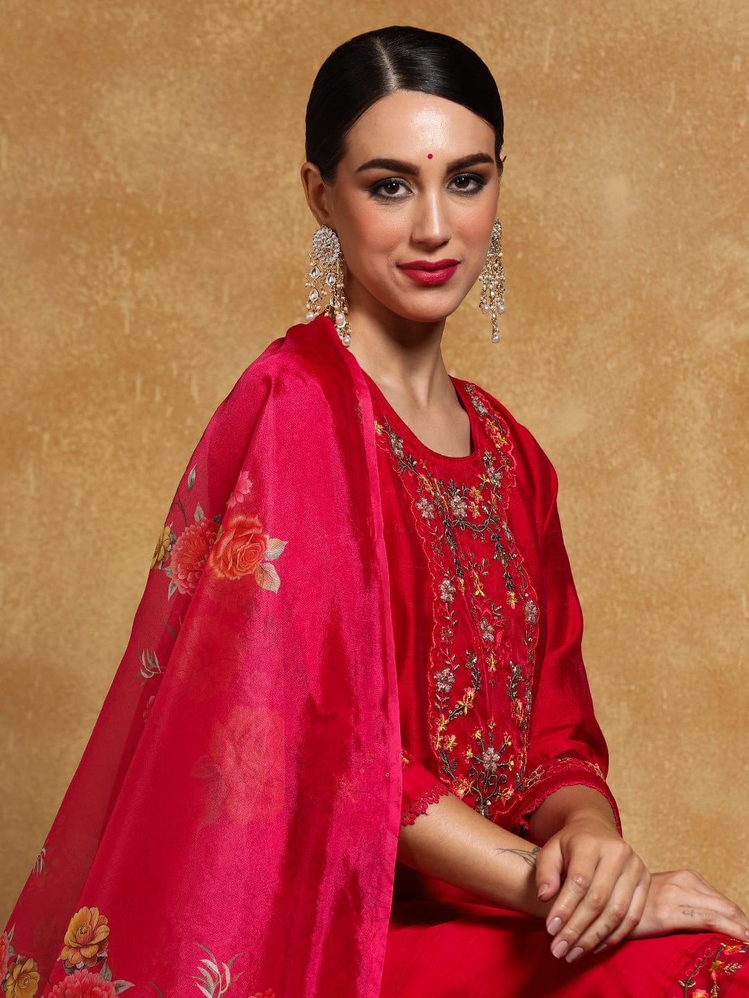 Varanga Women Floral Motif Thread Embroidered Yoke Kurta with Trouser & Dupatta