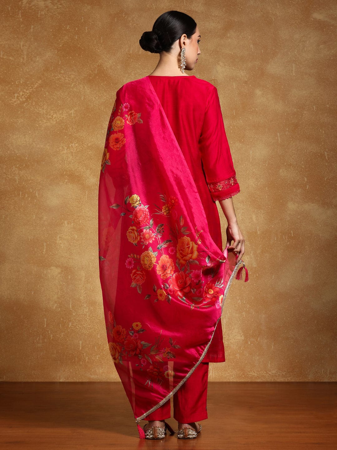 Varanga Women Floral Motif Thread Embroidered Yoke Kurta with Trouser & Dupatta