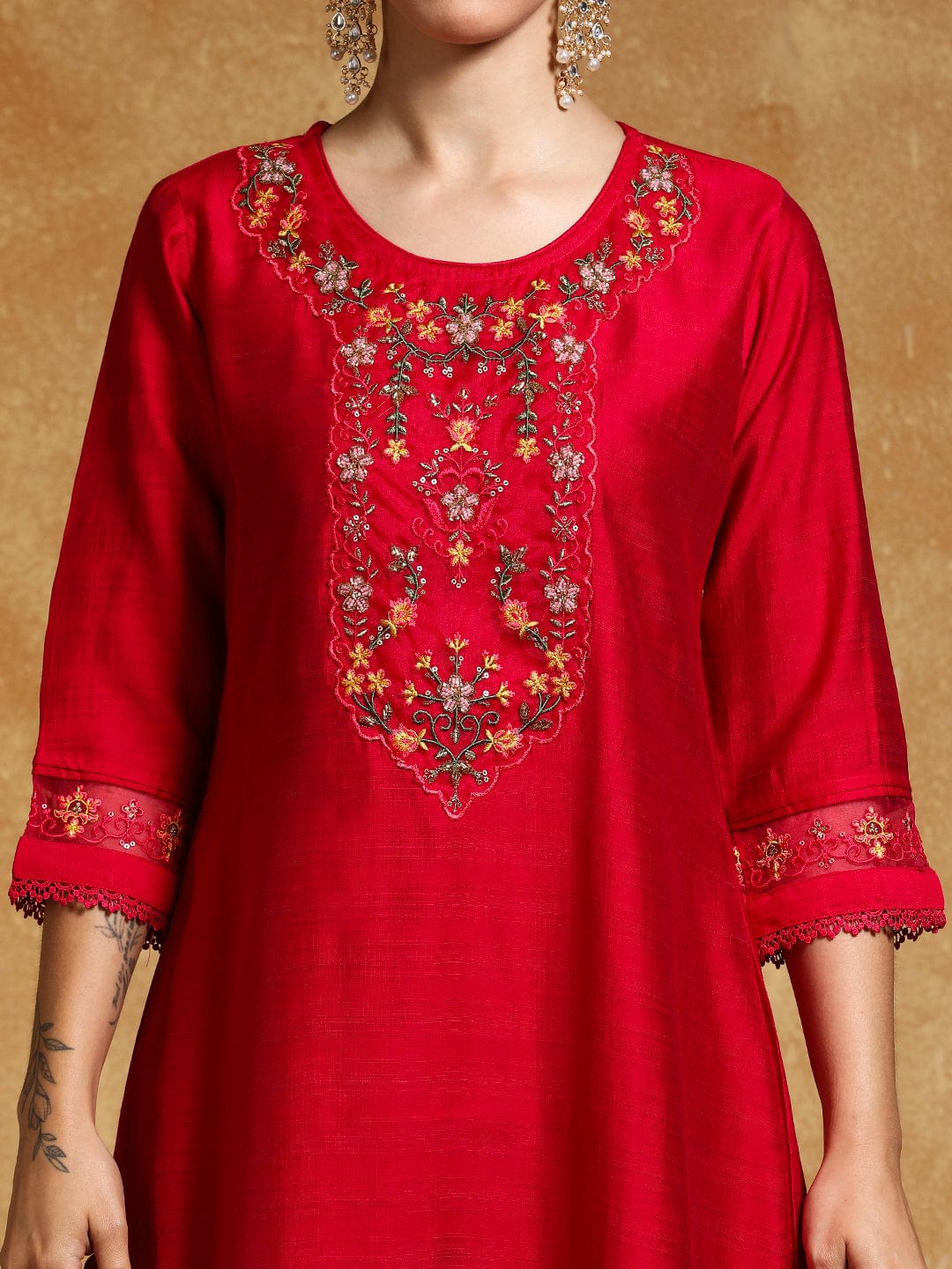 Varanga Women Floral Motif Thread Embroidered Yoke Kurta with Trouser & Dupatta
