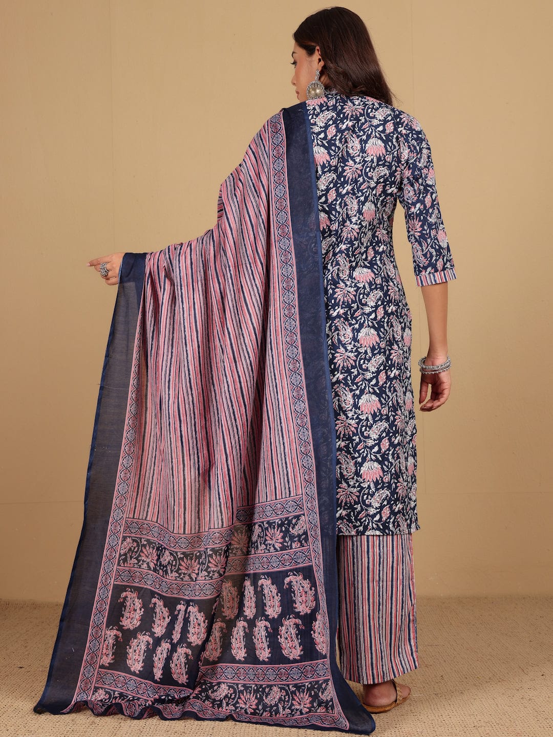 Varanga Women Ethnic Floral Printed Mandarin Collar Kurta With Stripper Trouser & Dupatta