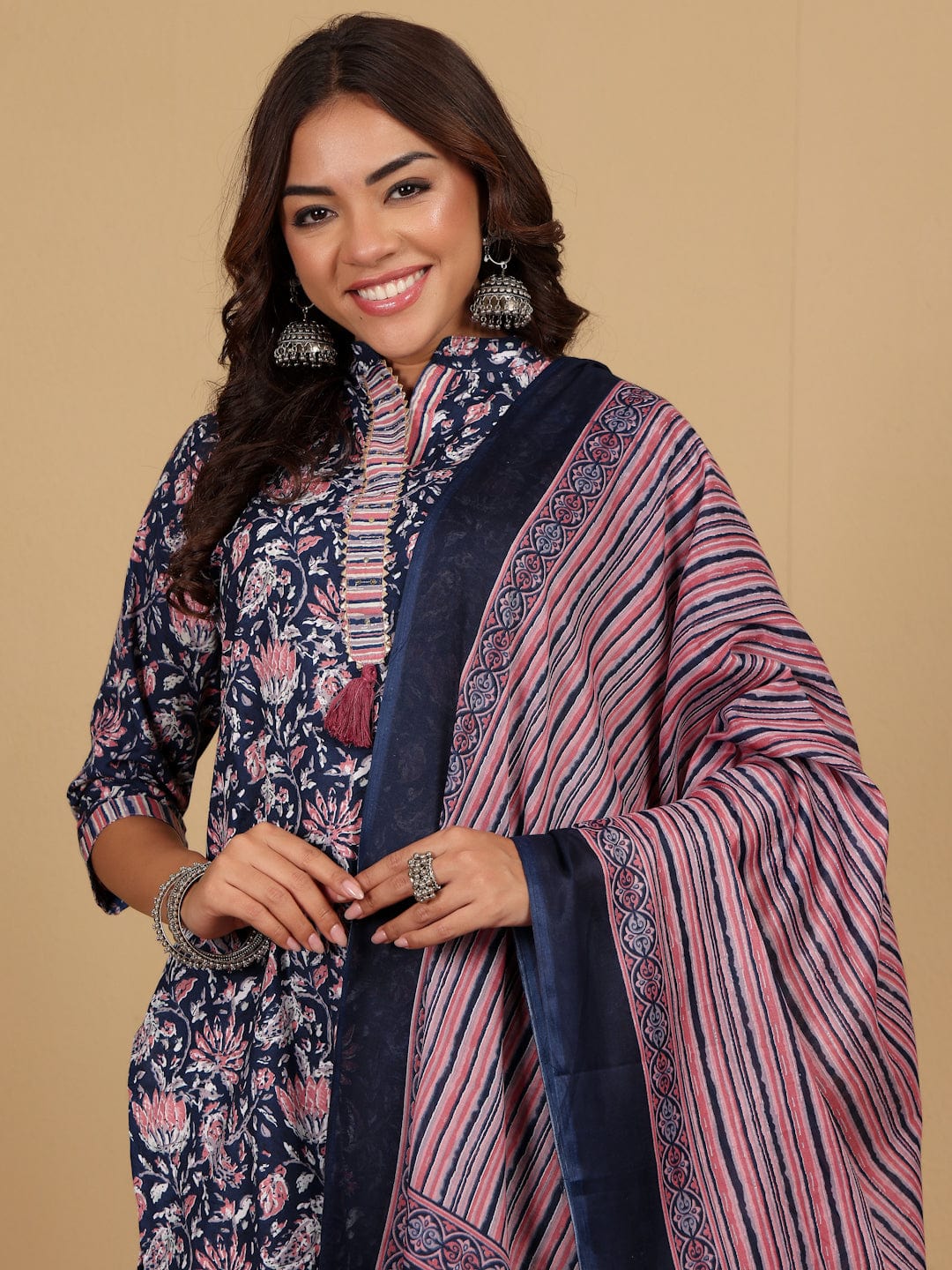 Varanga Women Ethnic Floral Printed Mandarin Collar Kurta With Stripper Trouser & Dupatta
