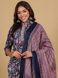 Varanga Women Ethnic Floral Printed Mandarin Collar Kurta With Stripper Trouser & Dupatta
