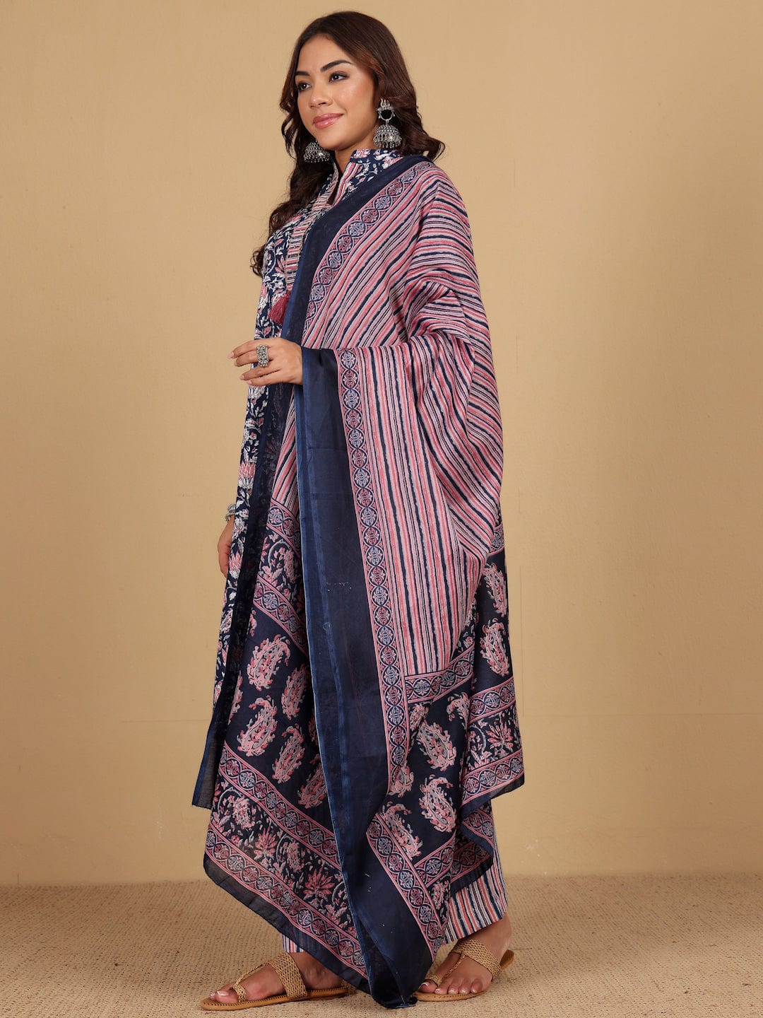 Varanga Women Ethnic Floral Printed Mandarin Collar Kurta With Stripper Trouser & Dupatta