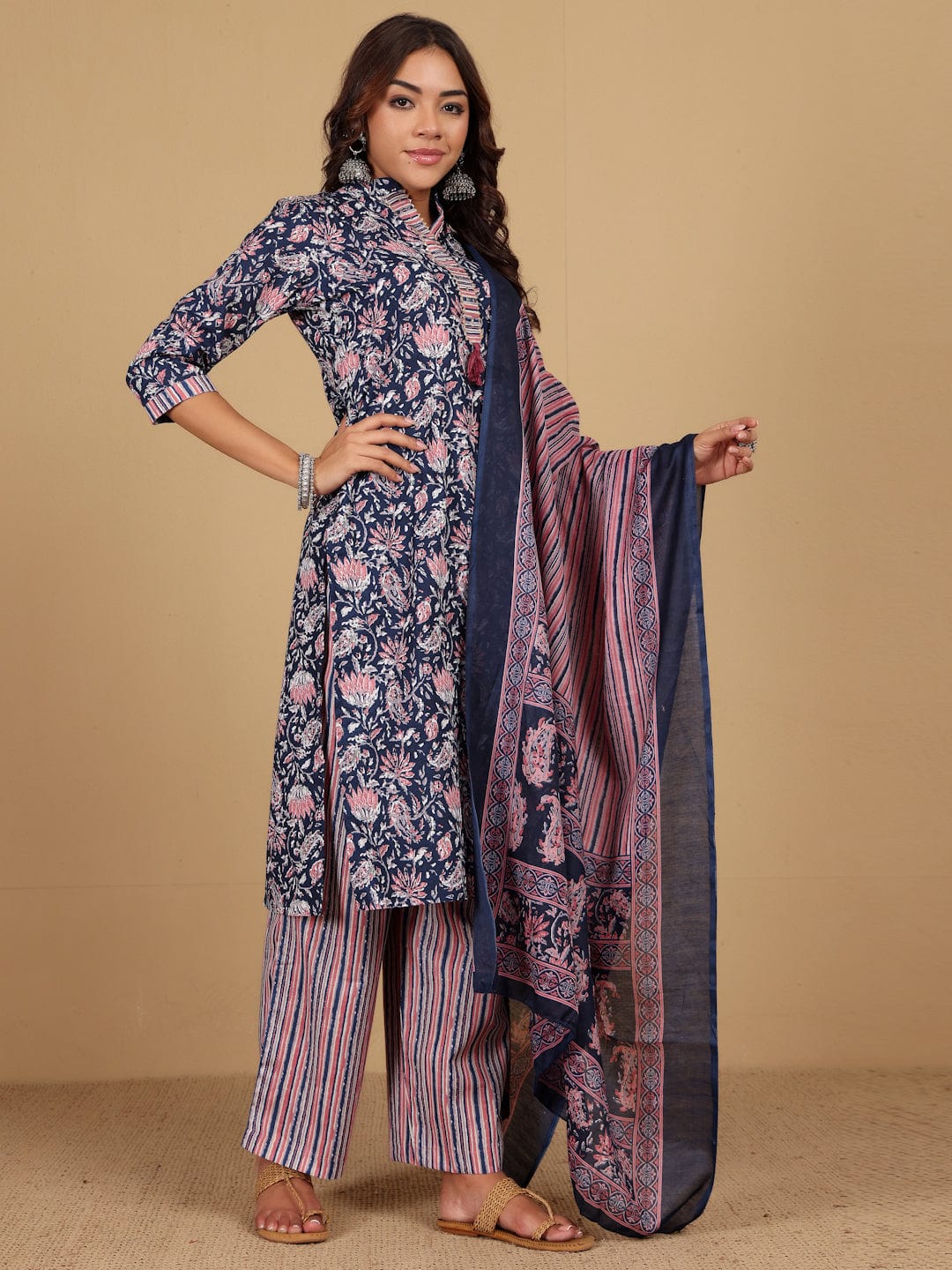 Varanga Women Ethnic Floral Printed Mandarin Collar Kurta With Stripper Trouser & Dupatta