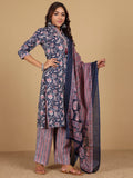 Varanga Women Ethnic Floral Printed Mandarin Collar Kurta With Stripper Trouser & Dupatta
